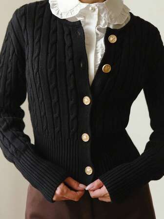 2025 Women's Autumn Dress New Solid Color Rib Front Button Knit, The First Choice For New Year's Dress, Women's Go Out Top, Elegant And Fashionable Versatile Fried Dough Twists Knitting Top, Academic Casual Soft Knitting Sweater