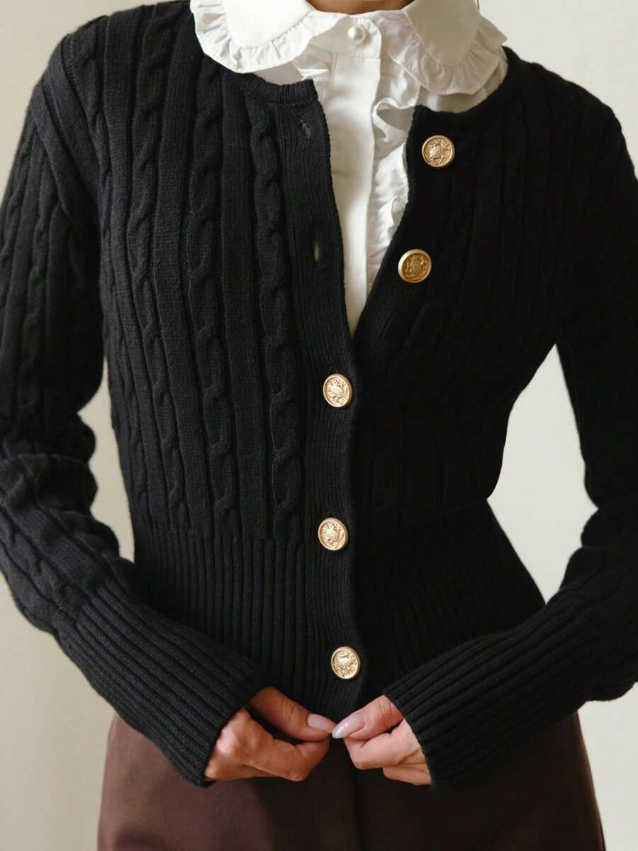 2025 Women's Autumn Dress New Solid Color Rib Front Button Knit, The First Choice For New Year's Dress, Women's Go Out Top, Elegant And Fashionable Versatile Fried Dough Twists Knitting Top, Academic Casual Soft Knitting Sweater