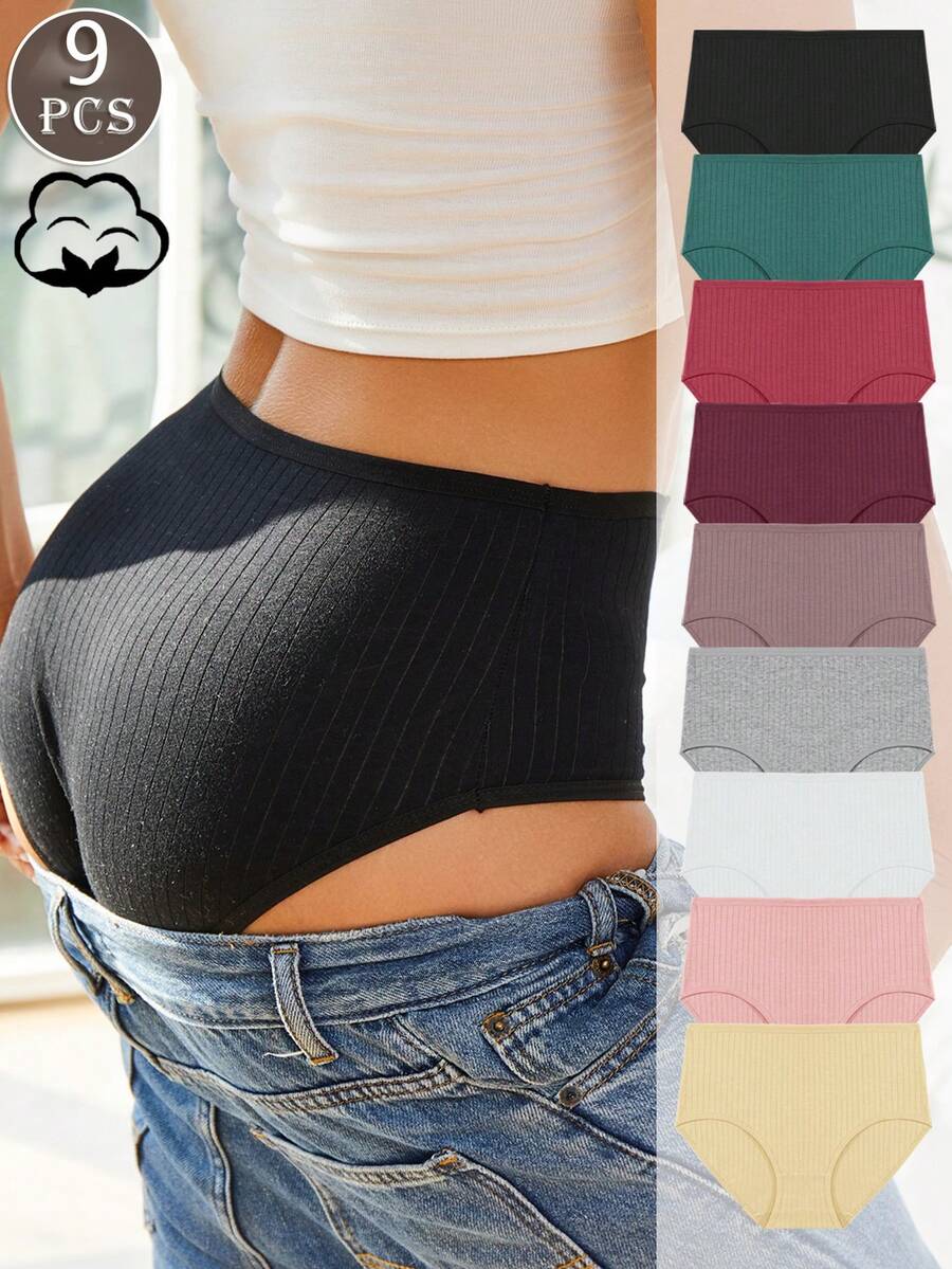 9PCS Women's Multi-Color Cotton Ribbed Mid-Rise Stretch Comfortable Breathable High-Waisted Briefs Christmas Color-Coordinated High-Waisted Briefs Perfect For Christmas Gifts, Plus Size Women's Underwear S-XXL - Multicolor - View 1