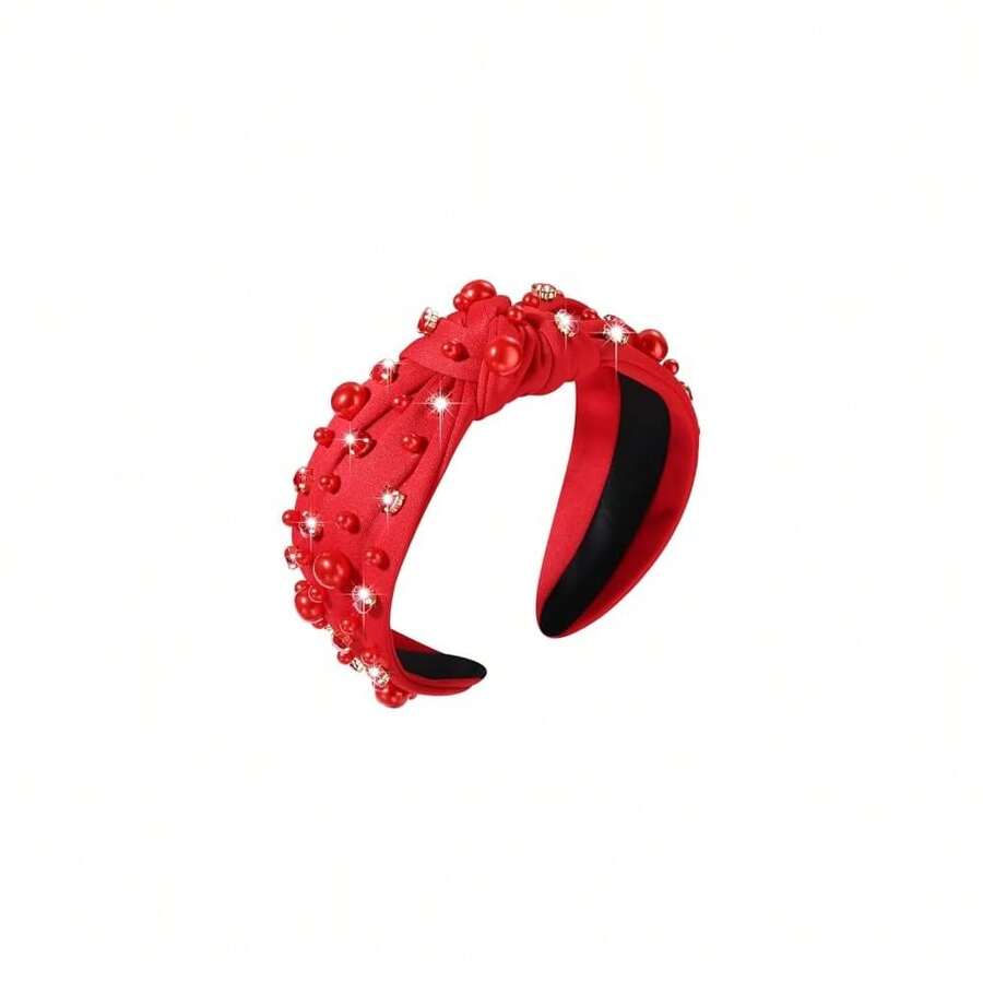 Valentines Day Headband For Women Red Heart Knotted Pearl Rhinestone Jeweled Hairband Fashion Valentine Holiday Wide Head Band Hair Accessories Gifts (Red Knot Hairband) - 紅結髮帶 - 查看 1