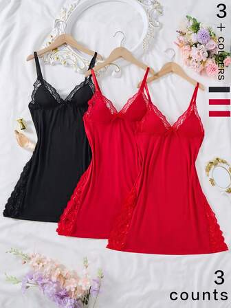 3 pièces Nuisette romantique sans manches avec fente latérale, décorée de dentelle et de nœuds de couleur unie