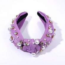 Pearl Headband Sparkly Rhinestone Pearls Knot Hairband Wide Knotted Headband Headpiece Spring Summer Pink Black Headbands Headwear Accessories (Purple Knot Hairband) - 紫色結髮帶 - 查看 8