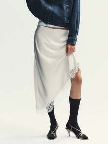 Women's Solid Color Lace Splicing High Waist Irregular Hem Satin Long Skirt, Suitable For Business Casual Women - 白色 - 查看 1