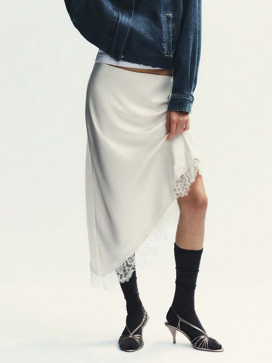 Women's Solid Color Lace Splicing High Waist Irregular Hem Satin Long Skirt, Suitable For Business Casual Women - 白色 - 查看 1