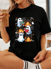 Coquette Bow Spooky Teacher Halloween Pumpkin Ghost Book T-Shirt         Graphic Tees Women Crop Tops Summer Outfits For Women Summer Tops T-Shirt - Black - View 1