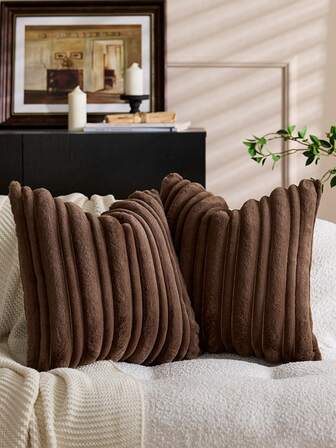 1pc Brown Textured Thick & Thin Stripe Rabbit Fur Decorative Throw Pillow Cover, Jacquard Rabbit Fur Front, Plush Velvet Reverse, Square Cushion Sham, Holiday Home Decor Pillow Case, Soft Velvet Fabric, Modern Decor For Sofa, Bedroom