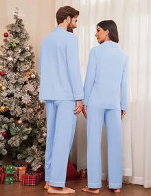 Couple Matching Pajamas 100% Cotton Long Sleeve Sleepwear Button Down Loungewear Pjs Set S-XXLhalloween - 淺藍色 - 查看 3