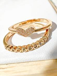 2pcs Elegant And Simple Heart Women's Rings, Luxury Niche Design With 18k Gold 925 Silver - Vàng - Xem 7