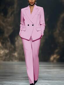 Bộ đồ nữ tay dài, dáng rộng, màu trơn, có túi, cài cúc đôi, thích hợp mặc đi làm hàng ngày vào mùa xuân và mùa thu, màu hồng. - Hồng - Xem 16