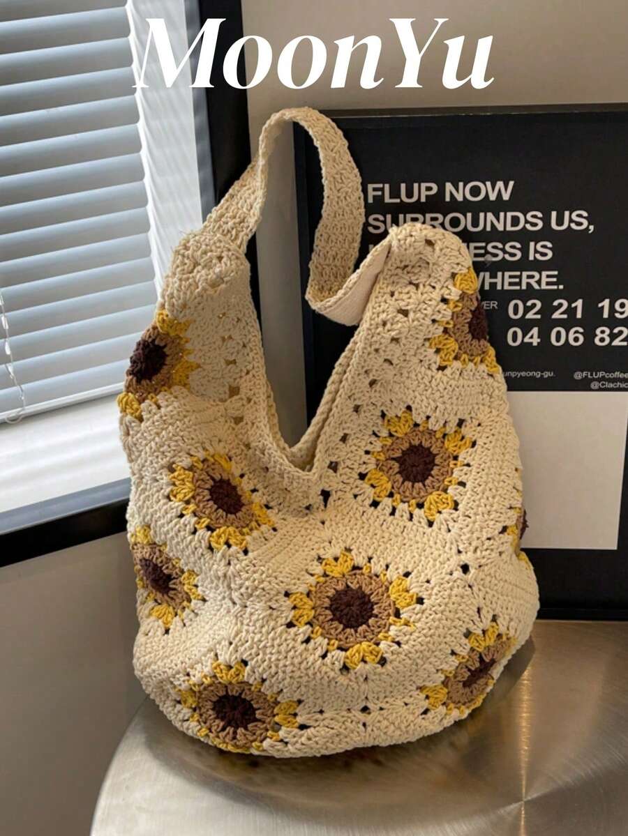 Women's Tote Bag With Sunflower Knitted Design, Large Capacity Soft Shoulder Bag For Fashionable And Elegant Holiday Look, Exquisite Floral Bag For Women