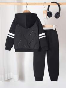2pcs Boys Casual Fleece Jacket And Pants Set, Striped Print Pattern, Letter Graphic, Zip-Up Hooded Thick Warm Outerwear And Sweatpants, Comfortable Sporty Outfit Suitable For Outdoor Activities, Autumn/Winter
