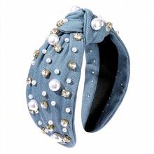 Pearl Knotted Headband For Women White Pearl Rhinestone Crystal Jeweled Embellished Hairband Fashion Elegant Ladies Wide Top Knot Bride Boho Head Band Headpieces Bachelorette Party Hair Accessories - 牛仔藍結髮帶 - 查看 1