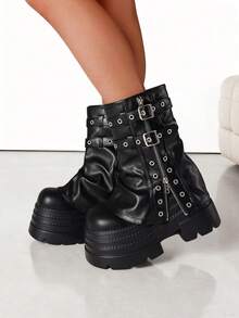 Women Gothic Fold Over Ankle Boots Punk Platform Y2k Wedges High Heels Motorcycle Thick Bottom Short Boots Belt Buckle Halloween Dress Shoes - 黑色 - 查看 8