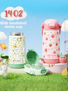 1PCS Kids Insulated Water Bottle With Straw Lid & Handle - 14oz 18/8 Stainless Steel Metal Tumbler Leak Proof Double Wall Vacuum Kids Cup Water Bottle For School Boys Girls - 藍色 - 查看 4