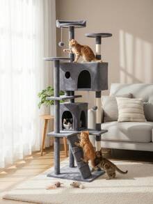 Cat Tree For Indoor Cats, 69.3 Inch Multi-Level Cat Furniture Condo For Cats, Top Padded Perches, Sisal Scratching Posts And Hanging Toys, Large Cat Pet Activity Structure - Beige - View 2