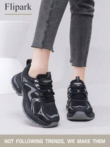Flipark 1 双女式运动透气厚底运动鞋，系带黑色网眼轻便低帮休闲运动鞋 - 黑色 - 查看 3
