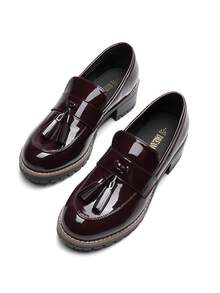 Women Platform Loafers Chunky Penny Heeled Lug Sole Flats Loafers Dressy Work Business Casual Slip On Shoes - Màu Đỏ Sâu - Xem 2