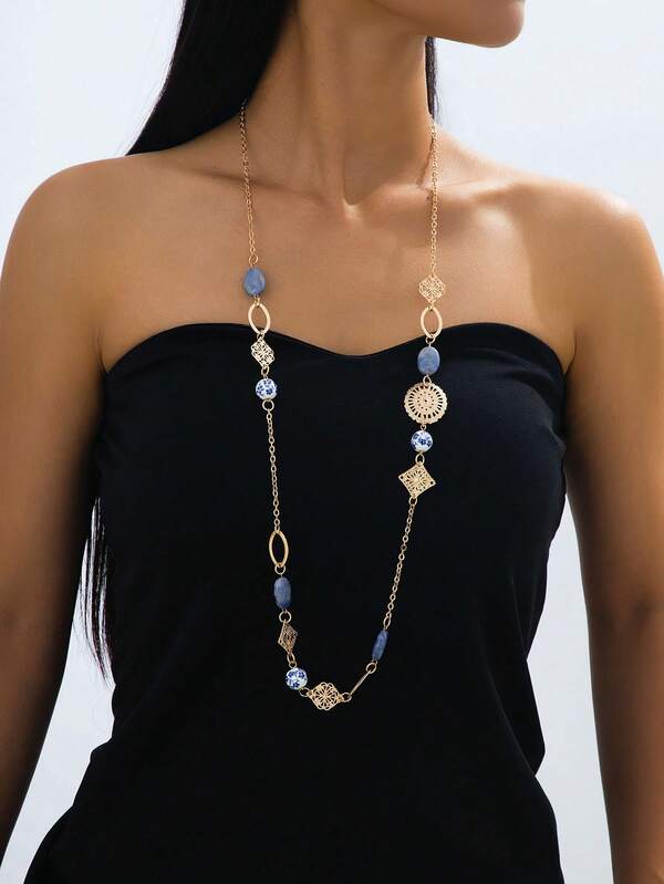 1pc Long Ceramic, Chinoiserie Bead, Multicolor Acrylic Bead Sweater Chain Necklace - Fashionable, Versatile, Retro Geometric 3D Sexy, Youthful, Lively, Elegant, Bohemian Style Long Hollow Mesh Pendant Necklace For Women, Suitable For Daily, Casual, Holiday Wear