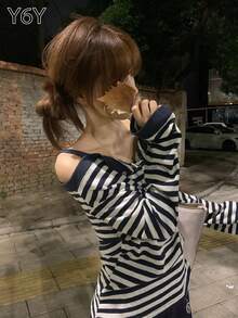 Y6Y 韩版藏蓝色条纹露肩长袖T恤，宽松休闲时尚女式上衣，秋冬季 - 藏蓝色 - 查看 4