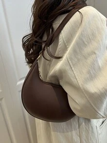 1pc PU Solid Color Zipper Crescent Underarm Bag, Fashionable Retro Shoulder Bag, Suitable For Office Ladies, Versatile Use - Coffee - View 4