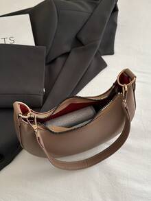 1pc PU Solid Color Zipper Crescent Underarm Bag, Fashionable Retro Shoulder Bag, Suitable For Office Ladies, Versatile Use - Khaki - View 9