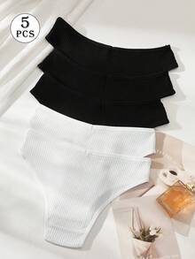 5pcs Pack Women's Ribbed Panties, High Elasticity Solid Color Letter Design Low Waist Underwear - Black and White - View 9