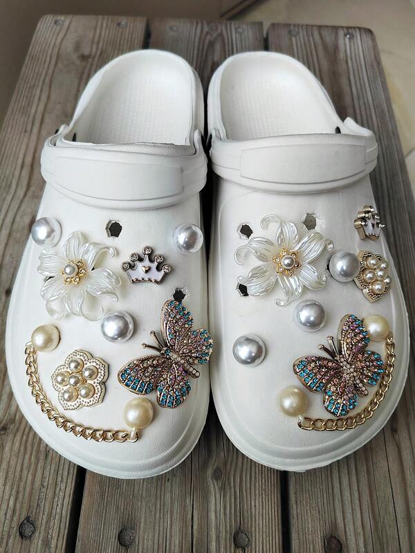 16pcs Ocean Iris, Rhinestone Butterfly, Heart Crown, 5-Petal Pearl Decorative Shoe Charms Set, Suitable For Sandals, Beach Shoes, Slippers