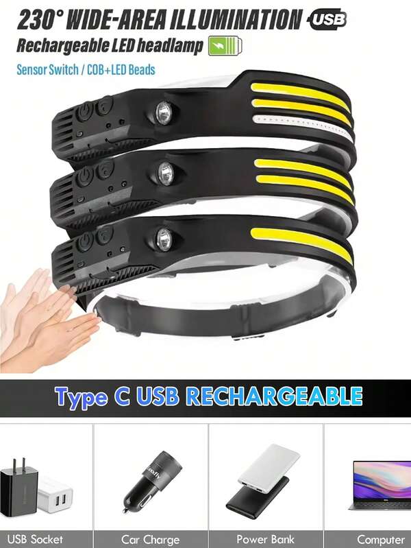 1 Lanterna de Cabeça Recarregável USB LED+COB, Lanterna de Cabeça com Sensor de Movimento, Adequada para Corrida, Pesca, Camping, Trilha, Luzes de Emergência