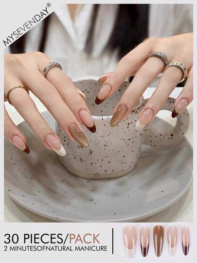 30 Peças de Unhas Postiças de Formato Longo e Pontudo/Unhas Francesas Coloridas Prensadas/Conjunto de Unhas Acrílicas Falsas com Ajuste Perfeito, Incluindo 1 Cola de Gelatina e 1 Lixa de Unha, Adequado para Trabalho Diário, Estudo e Reuniões de Mulheres no Outono e Inverno. Produtos de Unhas Adequados para Reuniões, Festivais e Uso Diário