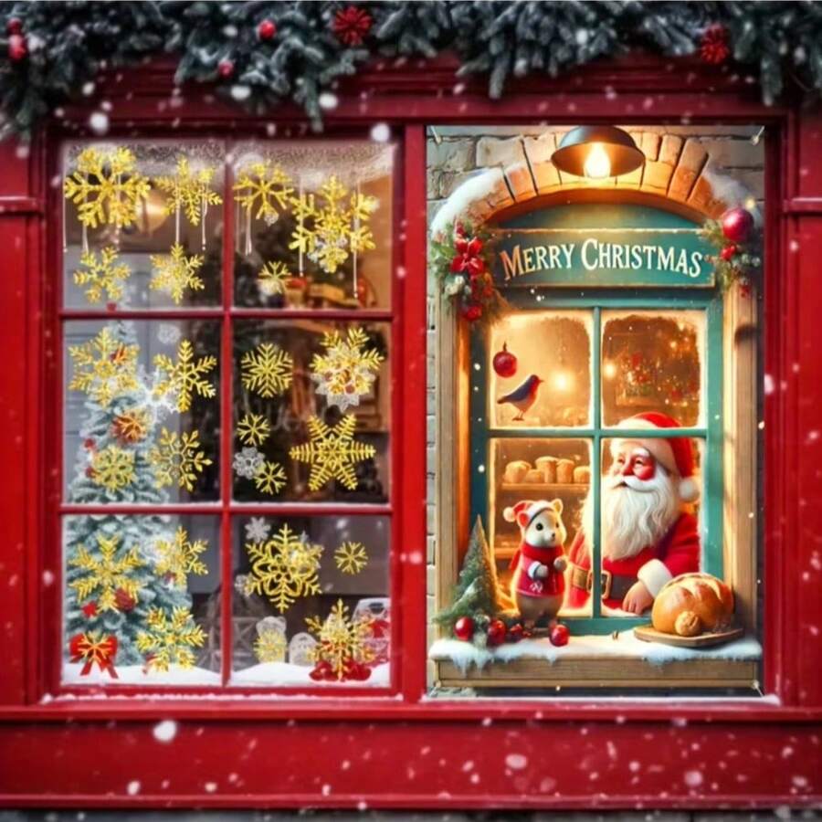 1 pieza/Decoración de cubierta de ventana con tema navideño, hecha de poliéster, con texto "Feliz Navidad", los patrones incluyen Papá Noel, pequeños animales con disfraces navideños, pájaros, pan, bolas de Navidad, pequeños árboles de Navidad y otros elementos, adecuado para decoración del hogar o la tienda durante la Navidad, decoración interior y exterior del hogar, decoración navideña - Multicolor - Ver 1