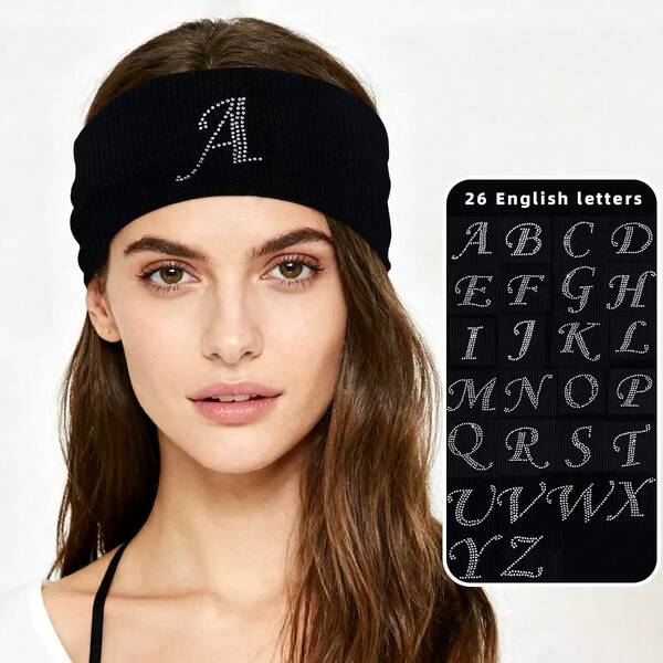1pc Fashion Personalized 26 Letter Rhinestone Elastic Headband, Sweat-Absorbent Sports Yoga Fitness Headband, Shiny Bohemian Hair Accessories Winter Scarf Warm Hair Bands Women Bandanas