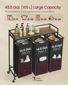 VASAGLE Laundry Hamper, 165 L Laundry Basket Cart With 3 Compartments, Storage Shelf, Wheels, Ink Black And Rustic Brown - Black - View 2