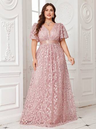 [随机剪裁] V领荷叶边袖网眼拼布刺绣腰部褶皱优雅正式晚会礼服