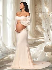 Irresista Maternity 2 Pcs Set Lantern Sleeves Tube Top Slit Long Train Skirt For Photoshoot Baby Shower - Apricot - View 4