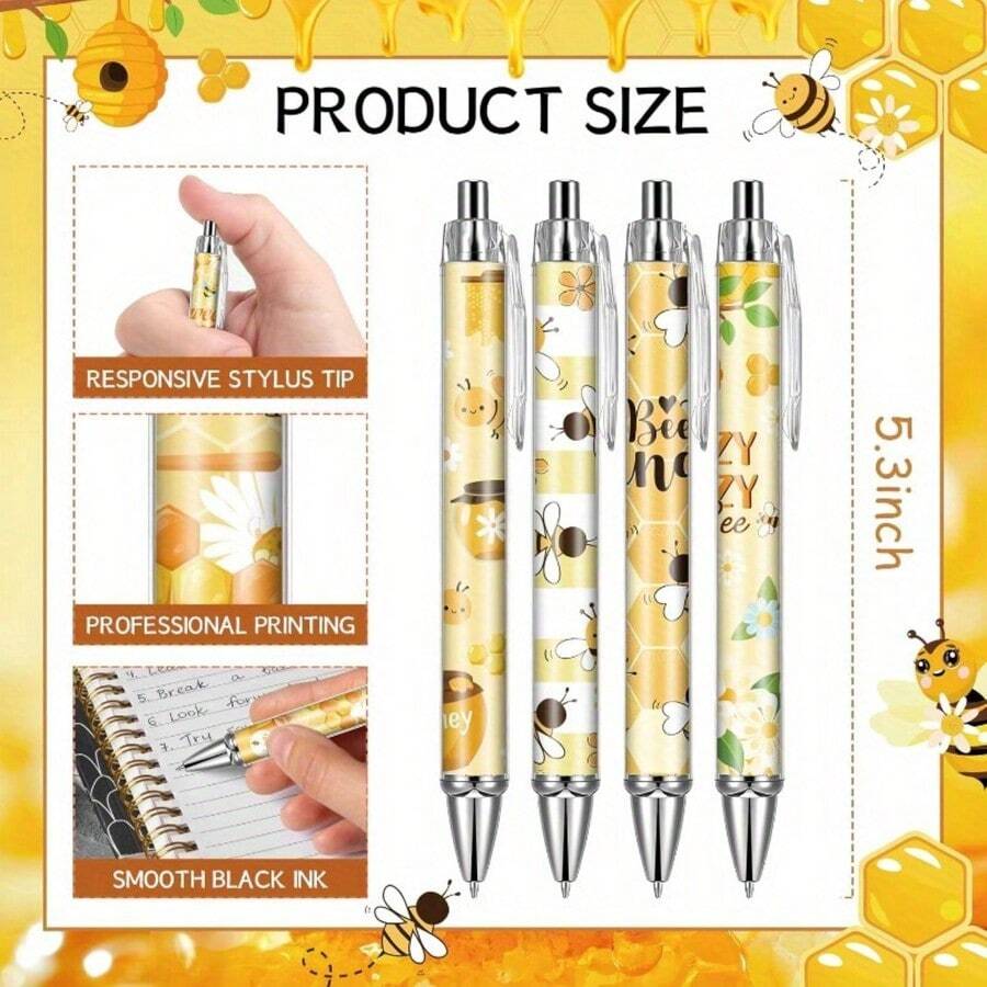 24 piezas Juego de bolígrafos retráctiles con diseño de abeja, tinta negra suave de punta fina con diseño floral, bolígrafos lindos para oficina, escuela, adolescentes, amantes de los animales, regalo de Navidad
