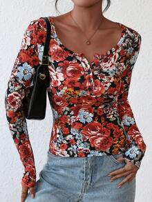 Women's Autumn Long-Sleeved Henry Shirt T-Shirt Button Ribbed Knit Fashion Tight Basic Top Shirt - Nền đen với họa tiết nhiều màu sắc - Xem 7