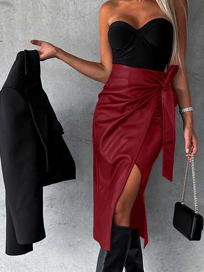 Women's High Waist Slit Lace-Up Sexy Bodycon Punk Style Faux Leather Skirt