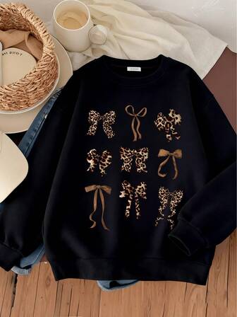 Teen Girl Style, Bow Leopard Print Casual Round Neck Sweatshirt, Autumn And Winter Season,Suitable For Daily Wear, Outing, Party, School, Attending Music Festivals, Vacation, Commuting.