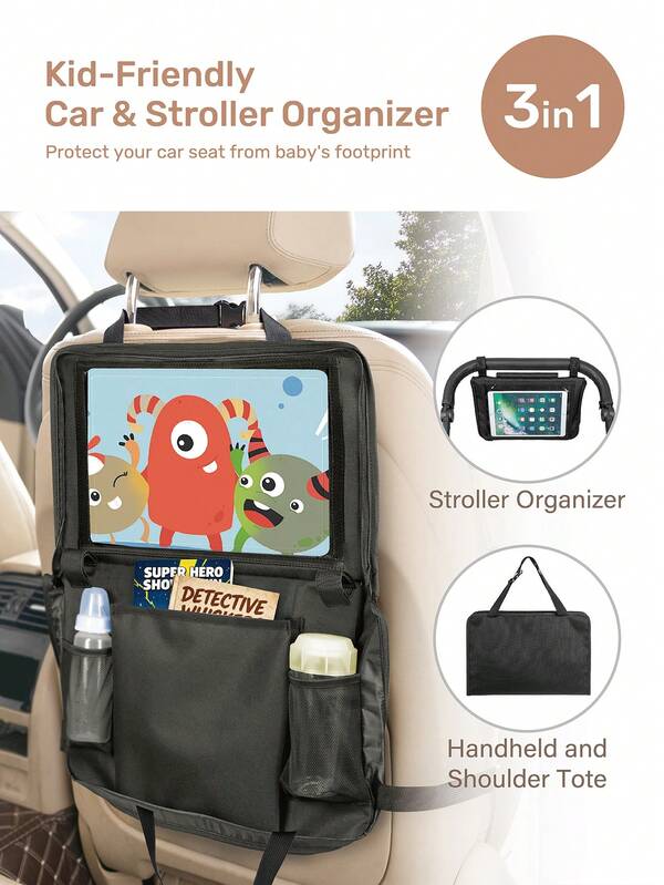 1 حزمة حقيبة تخزين مقعد السيارة للأطفال والأطفال الصغار، منظم سيارة 3 في 1 لحماية المقعد الخلفي، أغطية مقاعد مضادة للركل، تناسب جميع أنواع السيارات والشاحنات والسيارات الرياضية متعددة الاستخدامات، اكسسوارات سفر للسيارة