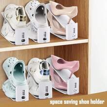 1pc Heavy-Duty Plastic Shoe Storage Organizer, Height-Adjustable, Space-Saving Two-Tier Shoe Rack System, Sturdy And Stackable Design With Non-Slip U-Shaped Grooves And Ladder-Shaped Frame