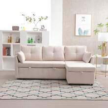 L-Shaped Sectional Sofa With Reversible Chaise Lounge, Modular Sectional Sofa With Storage Seats - Beige + Polyester + 3 Seat - View 9
