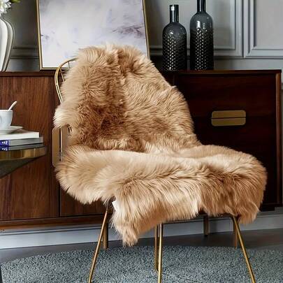 1pc Beige Faux Wool Shaggy Chair Pad, Soft Fluffy Fish-Shaped Non-Slip Washable Decorative Carpet, Versatile As Chair Cushion, Sofa Pad, Throw Pillow, Area Rug For Living Room, Bedroom, Comfortable Thickness For Multiple Scenes