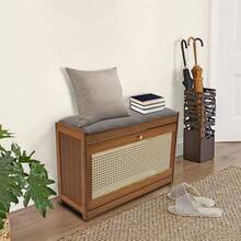 Shoe Storage Bench, Bamboo Entryway Bench, 2-Tier Shoe Rack, 27.5*9.4*17.3in Shoe Organizer With Padded Seat Cushion For Entryway Living Room Bedroom, Holds Up To 220.5 Lbs, Brown, Simple Assembly