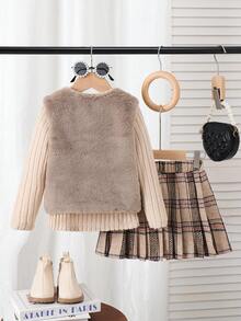 3 件套年轻女孩装饰蝴蝶结厚韩版仿皮草背心外套 + 纯色罗纹高领长袖上衣 + 百搭格子百褶裙