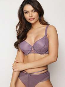 Sujetador de copa completa con detalles de strass y encaje - Morado - Ver 1