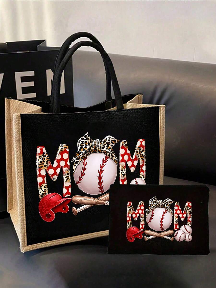 棒球妈妈生活帆布手提袋、零钱包、字母图案、拉链袋、个性化礼品包装、卡通趣味多用途手提袋、黑色黄麻手提袋配黑色按扣、购物袋、化妆包 - 彩色 - 查看 1
