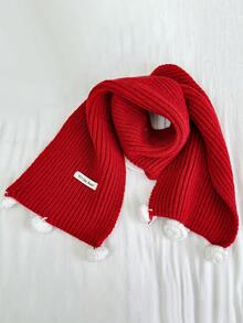 1pc Kids Christmas Pom Pom Ribbed Scarf, Minimalist Letter Print, Unisex Warm Neck Warmer For Autumn/Winter - A - View 7