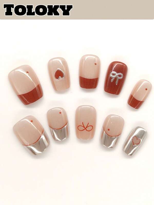 10pcs Handmade Press On Nails Short Nails Square Nails Tips Pink Bows Cute Hand-Painted With 3pcs Nail Art Tools Nail Glue Nail Supplies Fake Nails For Women And Girls To Party Travel Daily School Red Silver Loving Heart Press On Nail Charms Press On Nails Short Fake Nails Nail Accessoriesnail Art