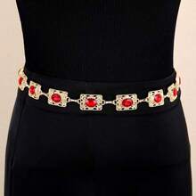 Luxury Gold Patterned Red Rhinestone Square Plate Waist Chain, Hollow Decor Delicate Chain Waist Belt, Formal Dress, Evening Gown, Black Dress Waist Accessory, Gold & Red Focal Retro Style Waist Decor, Suitable For Dresses, Formal Occasions, Weddings, Parties, Festivals, Zinc Alloy With Shiny Palace Style