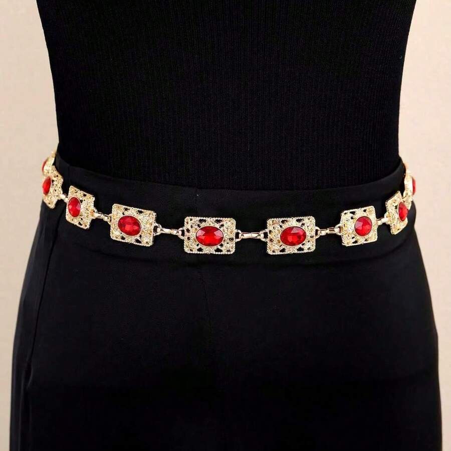 Luxury Gold Patterned Red Rhinestone Square Plate Waist Chain, Hollow Decor Delicate Chain Waist Belt, Formal Dress, Evening Gown, Black Dress Waist Accessory, Gold & Red Focal Retro Style Waist Decor, Suitable For Dresses, Formal Occasions, Weddings, Parties, Festivals, Zinc Alloy With Shiny Palace Style